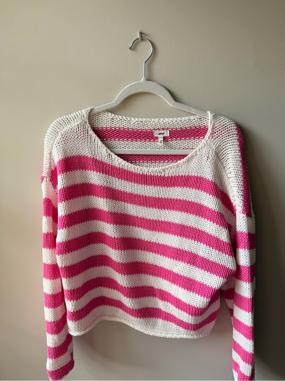 aerie White and Hot Pink Striped Scoop-Neck Sweater